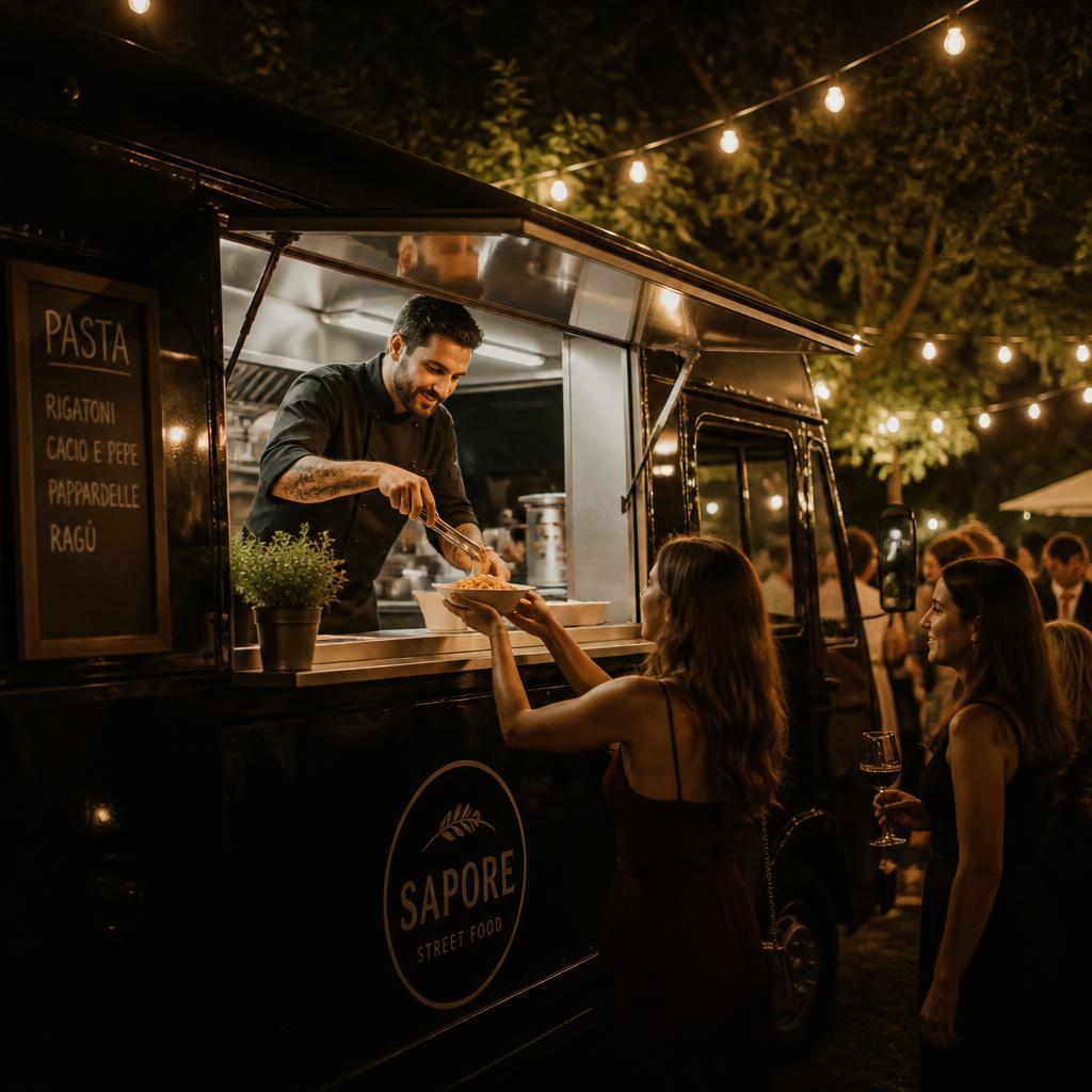 Pastafoodtruck van Saki's op een tuinfeest bij avond