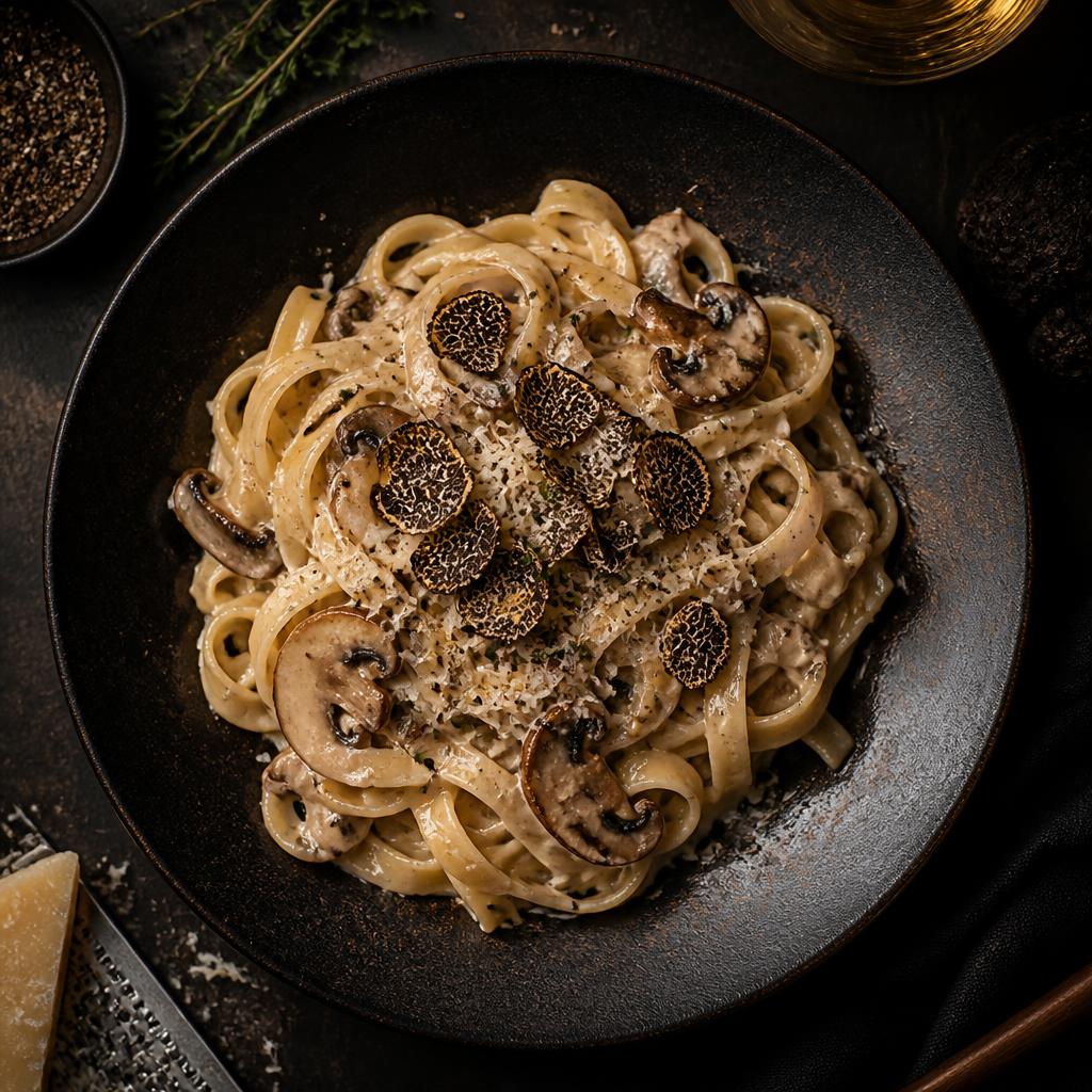 Bord romige truffelpasta met champignons